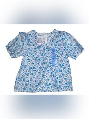 Draper James V Neck Blue Floral Puff-Sleeve Peasant Top Women’s L